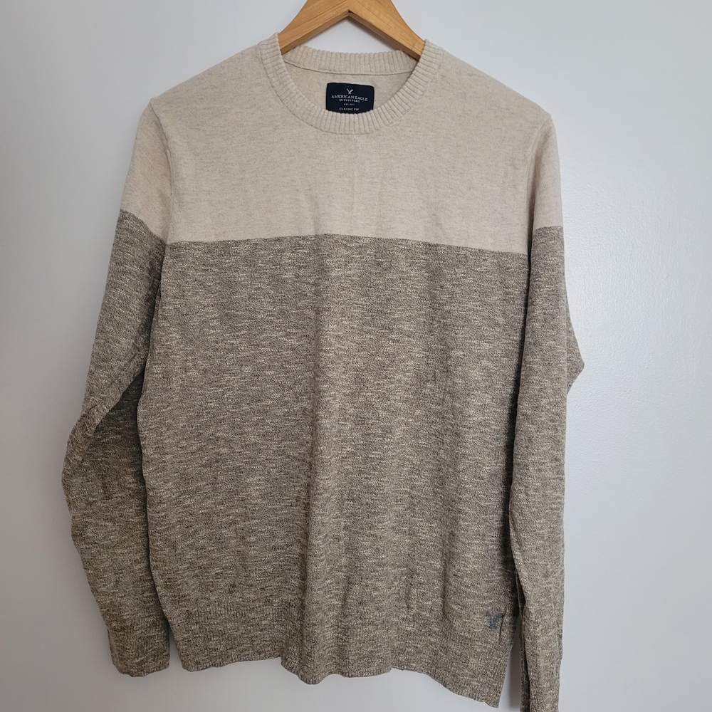 American Eagle Outfitters Men's Crewneck Sweater Beige Gray Size L 100% Cotton